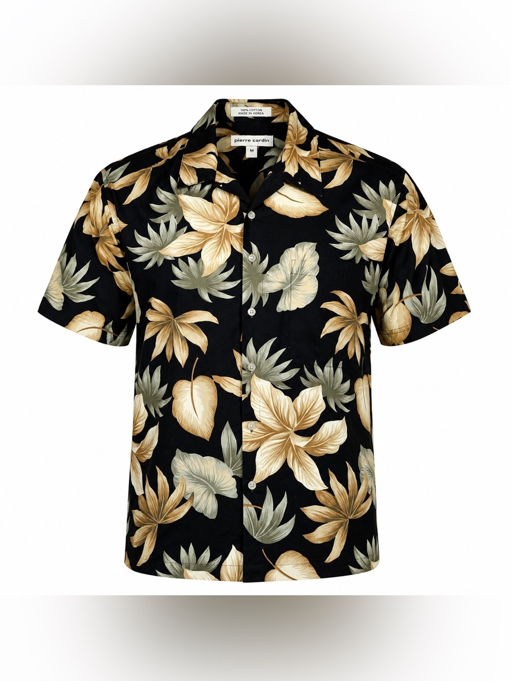 Pierre Cardin Black Short-Sleeve Hawaiian Shirt with Gold & Green Floral Print